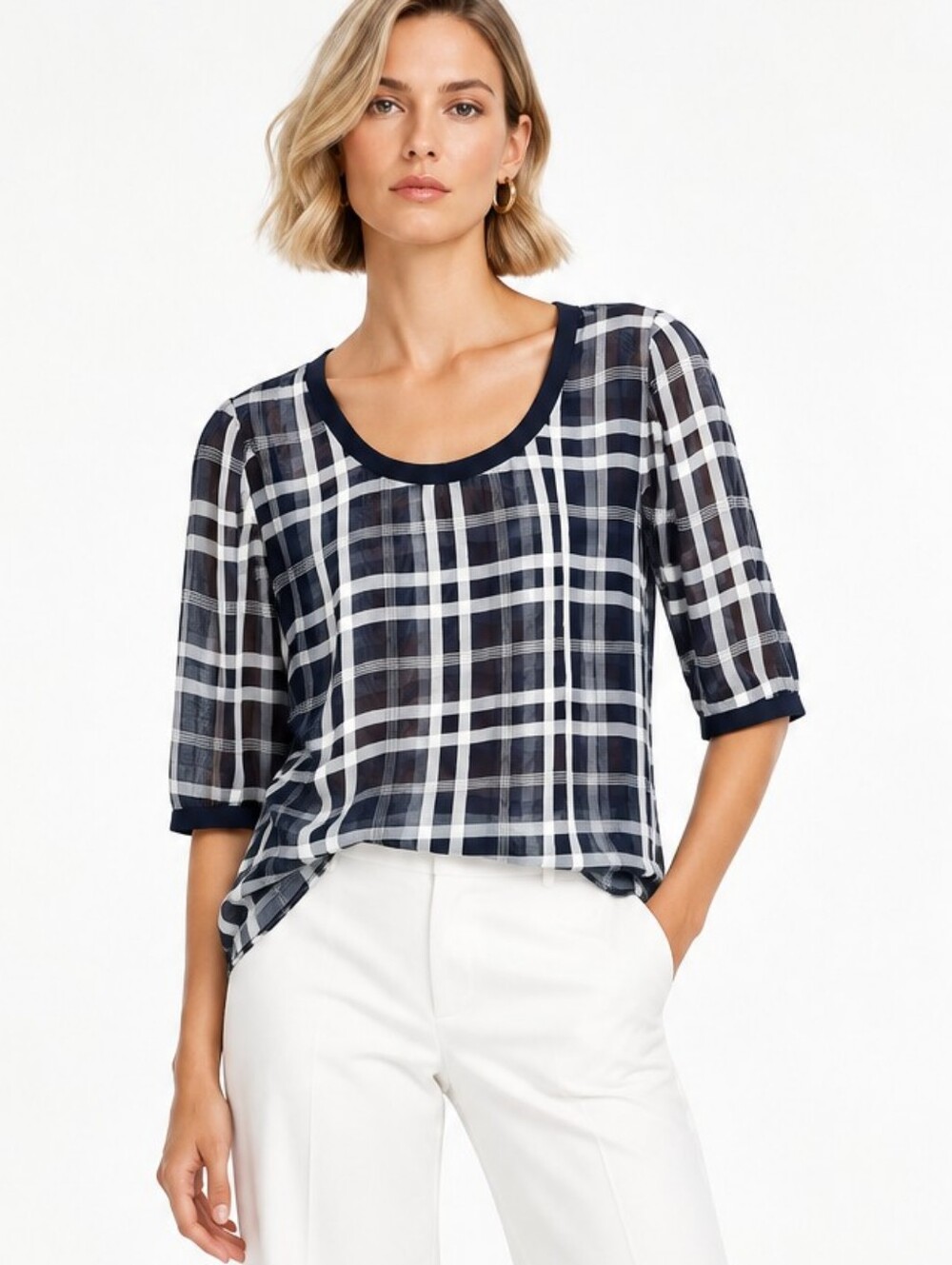 A New Day plaid navy white pullover semi-transparent top